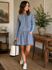 J.Crew Women&rsquo;s Plaid Mini Dress with Peplum, Size 2, Blue and White, 100% Cotton
