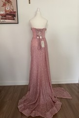Pink Solid Sequin Long Gown Sweetheart Lace Up Train with transparent straps