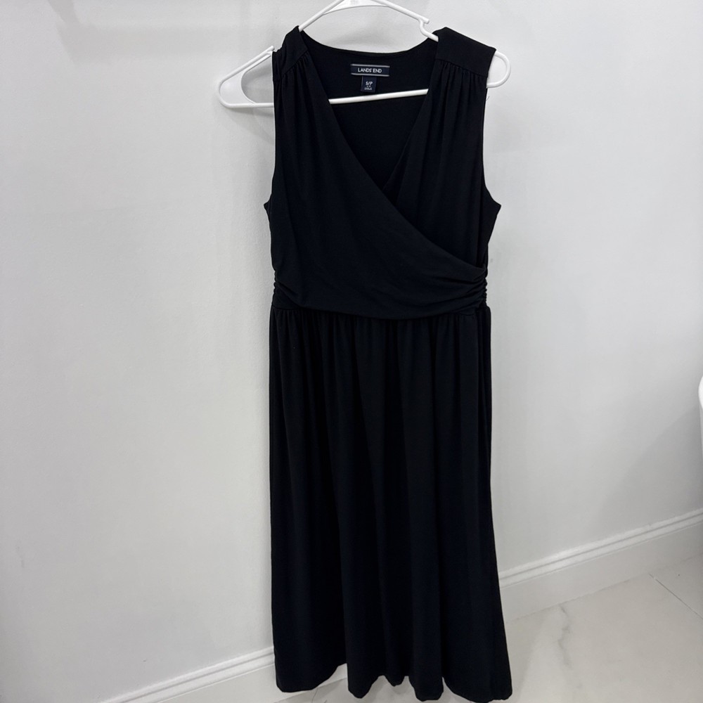 Lands&rsquo; End Maxi Dress Size Small/Petite 6-8 Black Faux Wrap Sleeveless Knit