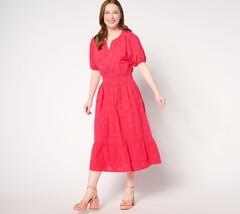 Isaac Mizrahi Live! Women&rsquo;s Dress Sz M Cotton Eyelet Tiered Midi Pink A645058
