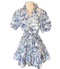 Sugarlips White Blue Etchings Collared Puff Sleeve Mini Ruffle Hem Puff Sleeve
