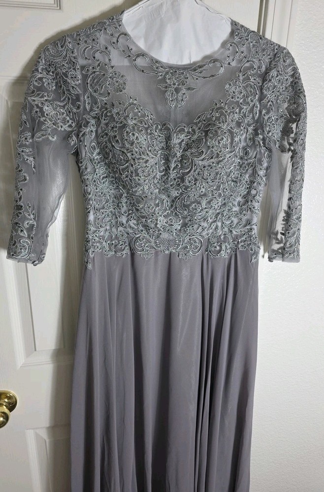 Elizabeth K GLS Womens Dress Formal Long Maxi Gown Gray Sz M Chiffon Beaded