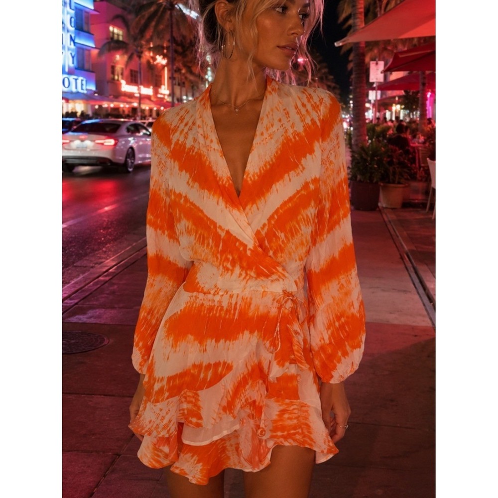 Rococo Sand Tie Dye Ruffle Mini Dress Womens Small Orange Resort Boho