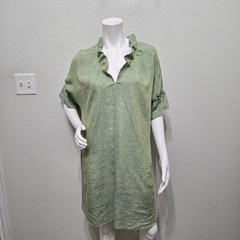 Finley Linen Crosby Popover Green Ruffle Neck Dress Size L
