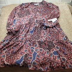 Emma & Michele XL Red Blue Paisley Floral Tiered Boho Mini Dress NWT 112015BL