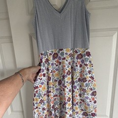 Pact Women&rsquo;s M Blue/White Striped Floral Fit & Flare V-Neck Pleated Dress