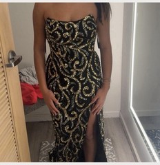 Sherri Hill 56403 Sequin Strapless Gown Black Gold Silver Gunmetal Size 4