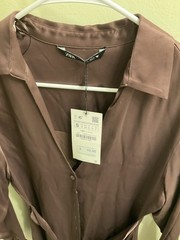 New Zara Satin Look Shirt Dress Size Small Chocolate Brown Belted Buttons