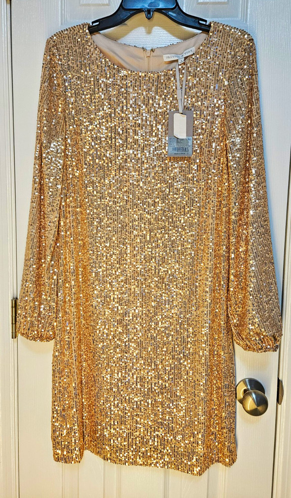 Preston & York Champagne Sequin Shift Dress Lined Zip Long Sleeve Sz 8