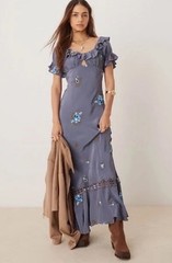 FREE PEOPLE Floral Embroidered Bali Santa Cruz Ruffle Maxi Dress L NWT