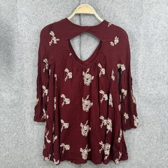 Free People Emma Austin Embroidered Tunic Swing Dress XS Maroon Floral Boho MIni