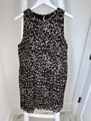 Halogen Taupe Black Leopard Print Shift Dress Pleated Lined Round Neck L