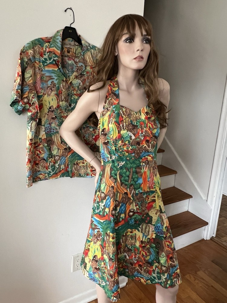 80s does 50s Eugene Savage Print Hawaiian Shirt Dress Honeymoon Wedding Set M