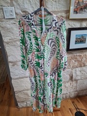 Oliphant Shirt Dress Grenadine Purple Green Pink on Ivory Cotton Silk Blend XL