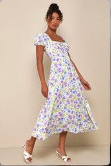Lulus Flourishing Perfection White Multi Floral Puff Sleeve Midi Dress Size L