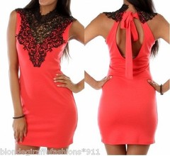 Coral/Black Open Keyhole Bow Back Crochet Lace Front Sleeveless Mini Dress