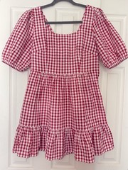 LOFT Red/White Gingham Square Neck Puff Sleeve Bow Back Mini Dress 4 Cotton