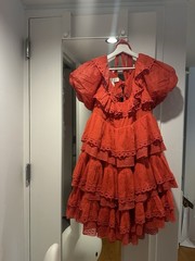 INNIKA CHOO Poinciana Red Organdy Puff Sleeve Scalloped Layer Mini Dress