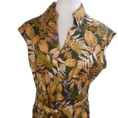 SIXDO Womens Tropical Fern Leaf Print Cotton Midi Dress Belted Green Tan Large