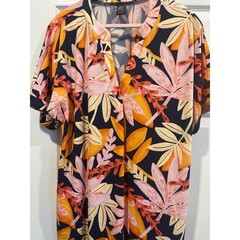 Lildy Split V-Neck Pleated Dress Tropical Floral Navy Orange Pink L-XL Pocketed