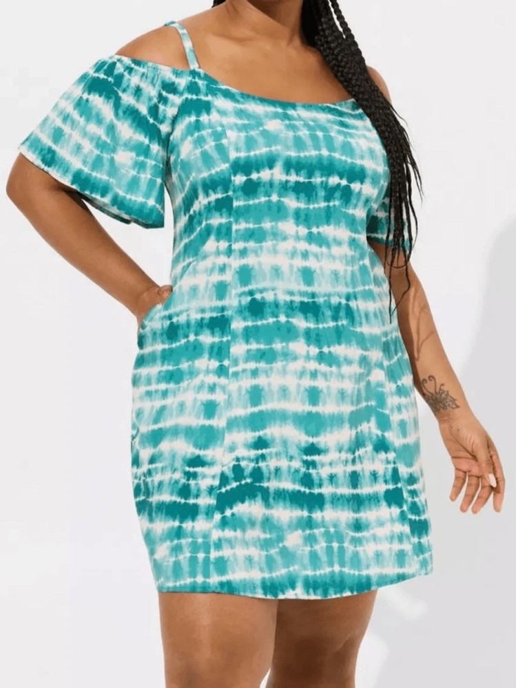 Torrid Plus Size 1 tie dye mini challis cold shoulder TEAL WHITE trapeze dress
