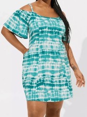 Torrid Plus Size 1 tie dye mini challis cold shoulder TEAL WHITE trapeze dress