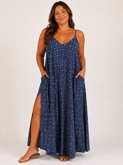 Elan Spaghetti Straps Resort Blue & White Maxi Dress Flowy Slit M Long Oversized