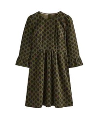 Boden Ora Short Corduroy Dress Womens 16-18R Green Ornate Stamped Ruffled Cuffs