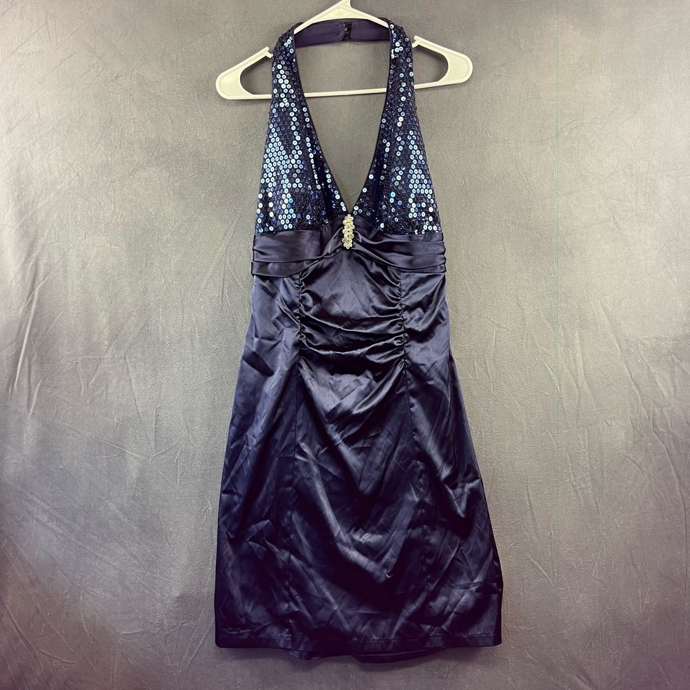 New Size 13/14 Roberta Sequin Halter Dress Satin Formal Prom Rhinestone Mini