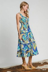 Umgee Blue Multi Abstract Print Ruffle Straps Maxi Dress w/ Scalloped Trim