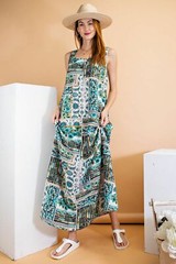 SIZE S/M EASEL AQUA Patchwork Print Poly Crepe Loose Fit Maxi Dress BHCS