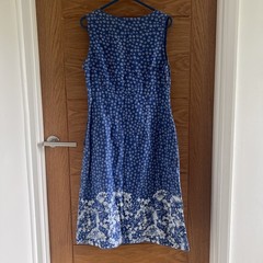 Per Una Dress UK 8 Blue White Floral Beaded Linen Cotton Blend Pockets Summer