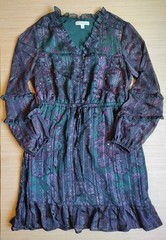 Frye Knee Length Dress Ruffle Buttons Lurex Green Purple Floral Size M Women&rsquo;s