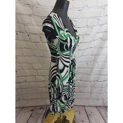 Bisou Bisou Michele Bohbot Dress Womens 4 Green Black Geometric VNeck Cap Sleeve