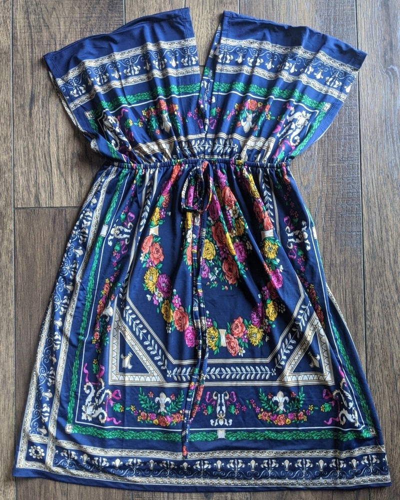 New! Cristinalove Size S Blue Green Gray Tan & Lilac Floral Print Stretch Dress