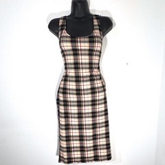 Plaid Dress Tan Black Red White Sheath Midi Sz L Academia Preppy Grunge Goth