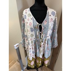 NWT Label of Love Vacation by the Sea Shell Print Mini Dress Long Sleeve Tie Lg