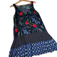 Aerie Floral Ruffle Hem Tank Dress Mini Navy Blue Red Flowers Size M