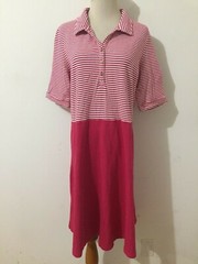Lands&rsquo; End 1/2-Button Piqué Polo Shirt Dress Rosy Red & White Stripe Sz L(14-16)