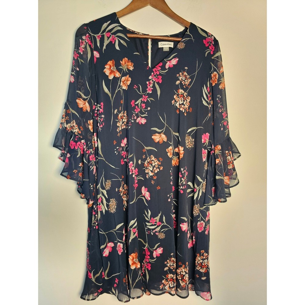 Boho Romantic Calvin Klein Floral Shift Dress Womens 12 Navy Ruffle Bell Sleeve