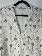 Zara Ecru Floral Palm Tree Print Dress Size S Tiered V-Neck No Belt Puff Sleeve