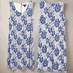 NWT Roz & Ali Blue White Floral Lace Shift Dress Size 14 Dressbarn Wedding Guest