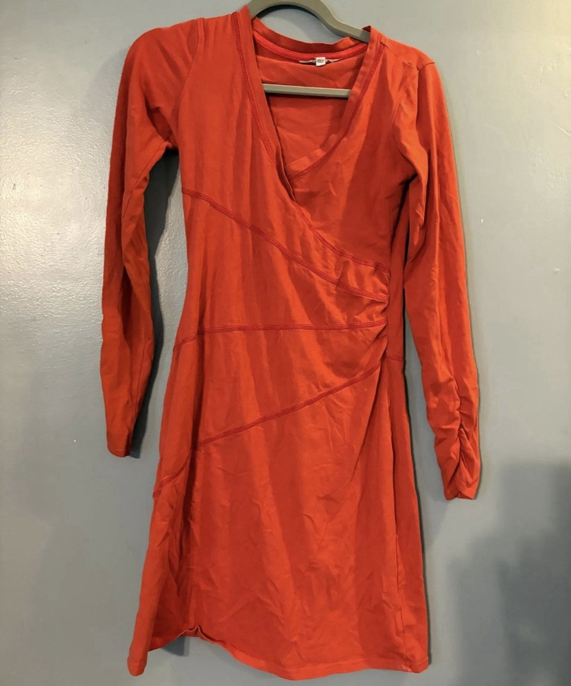 Athleta Women&rsquo;s Orange Solid Ruched Wrap Dress V-Neck Long Sleeve Knee Length