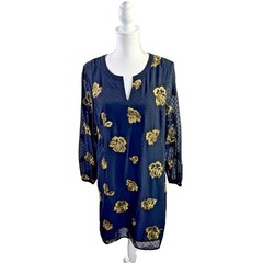 Cabi Occasion Dress in Swiss Dot Black Gold Rose Embroidered Size Small 3697