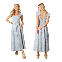 Sofie the Label Dress Womens L Blue Floral Embroidered Ruffle Cutout Midi