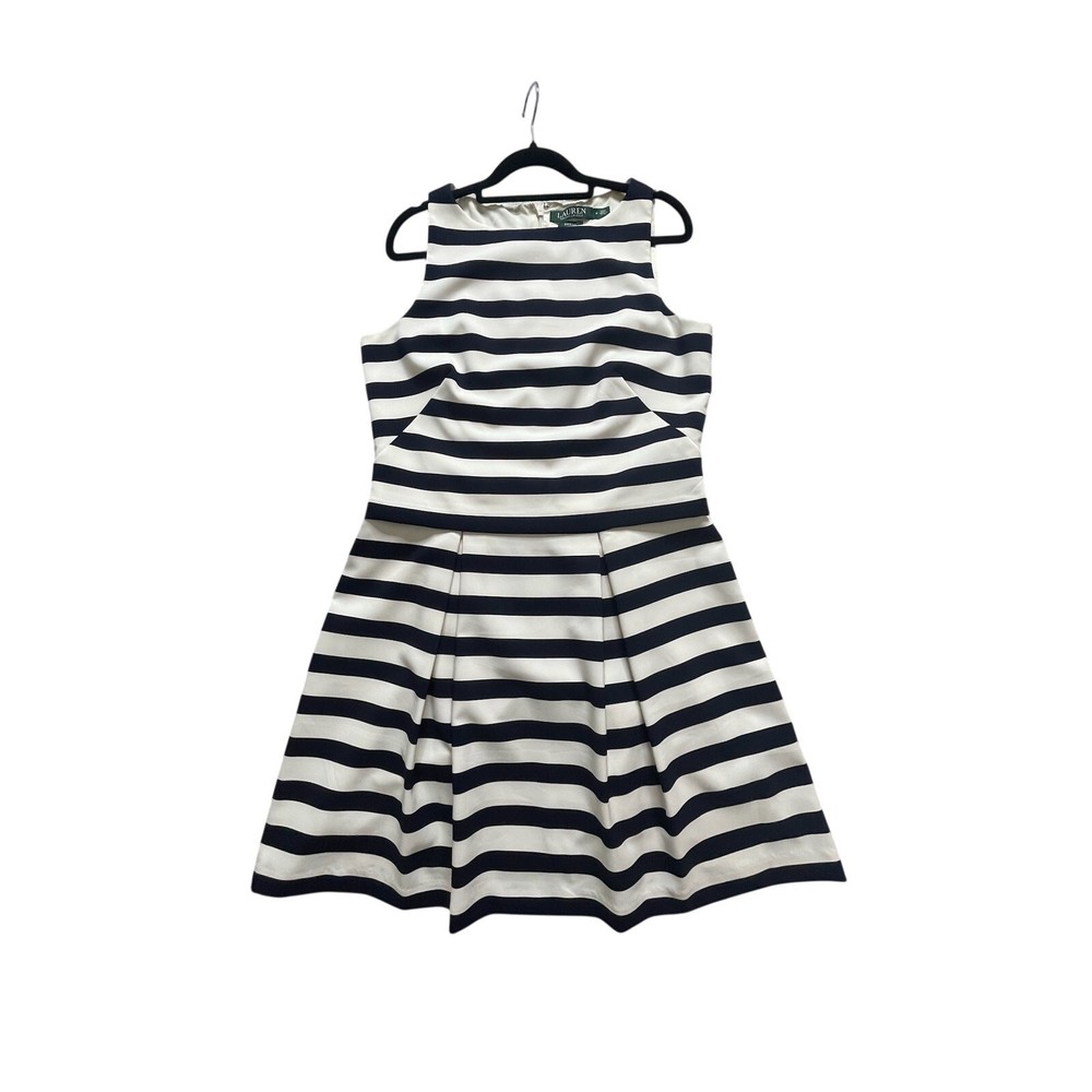 Ralph Lauren Dress Sz 8 Navy Cream White Stripe Fit & Flare Nautical Classic EUC