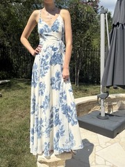Lulus Cream Blue Floral Dress Summer Weddings Lined Wrap Maxi XS Chinoiserie