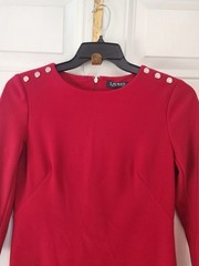 RALPH LAUREN Red Logo Button Round Neck Long Sleeve Stretch Sheath Dress Sz 8