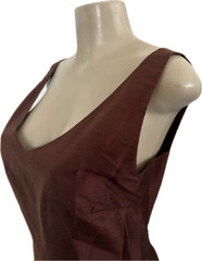 Lynn Lugo Women&rsquo;s Raw Silk Chocolate V-Neck Midi Dress size 10 NWT Made in USA