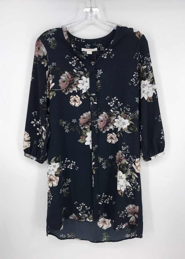 C&E Size Small Blue With Pink Floral Print Faux Button Up Womens Dress EUC